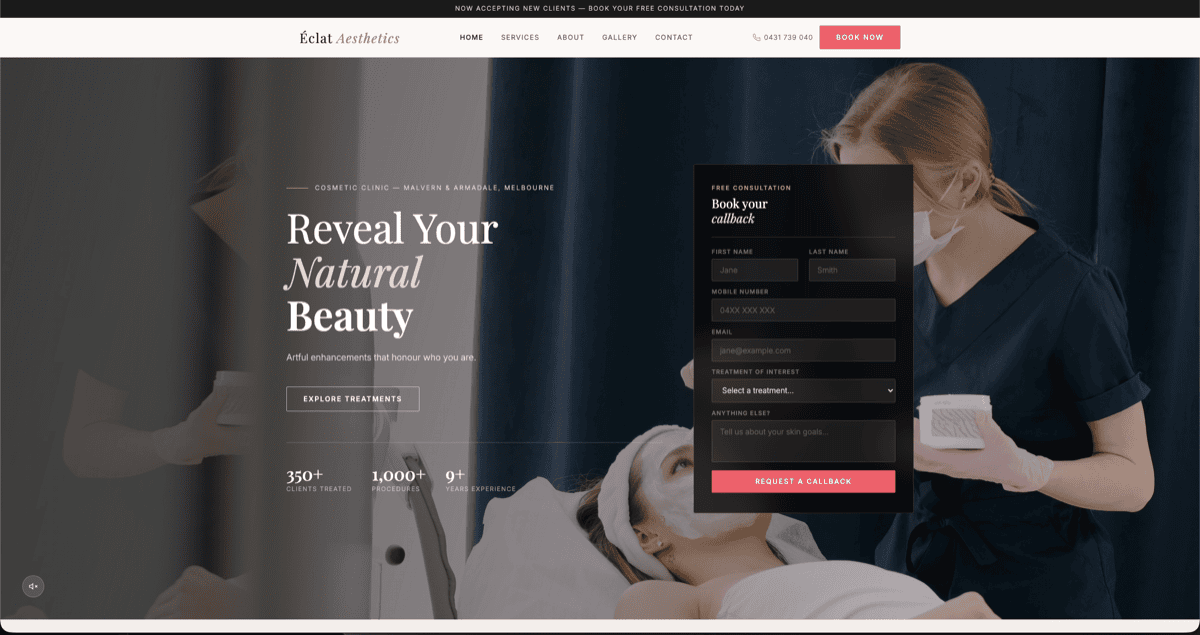 Website built for Éclat Aesthetics, a cosmetic clinic