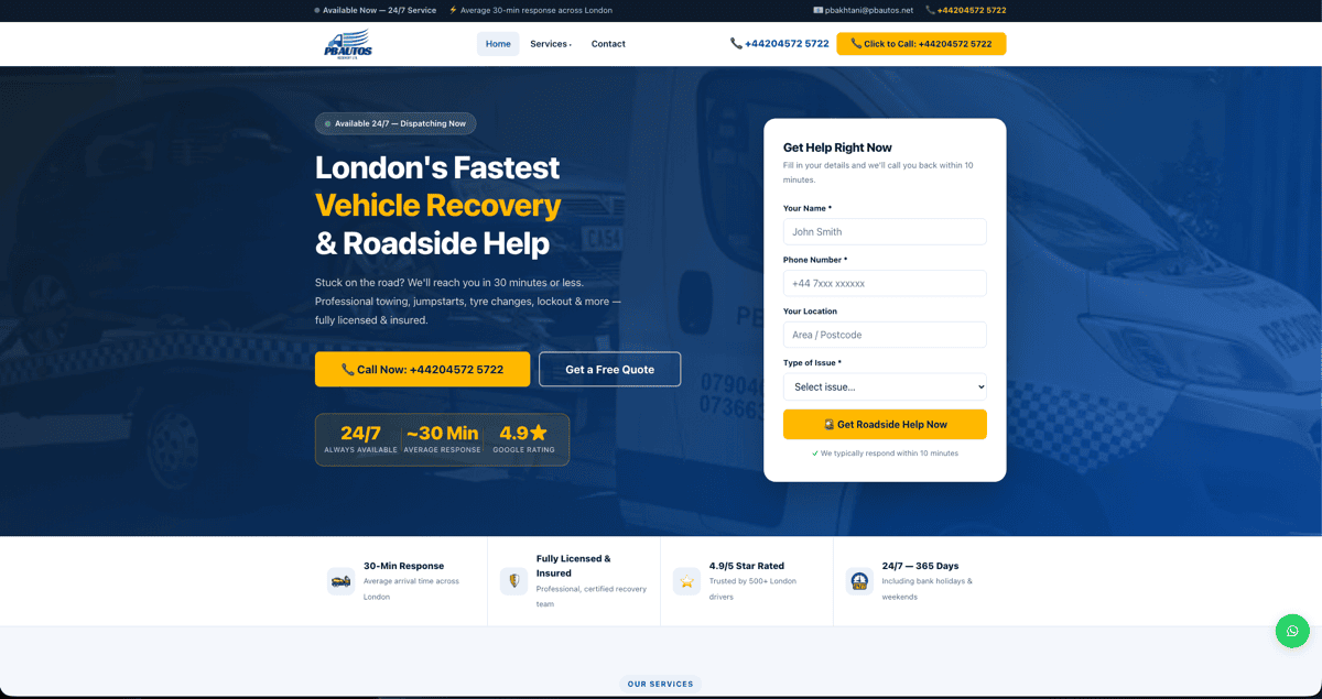 Website built for PB Autos, a vehicle recovery service